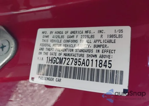 2005 Honda Accord 2.4 Ex z USA, uszkodzony, nr VIN 1HGCM72795A011845